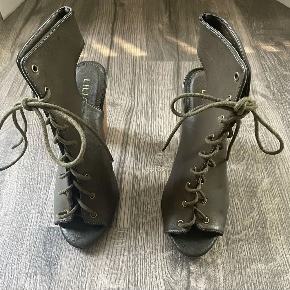 Liliana Sage-11 Vegan Leather Peep Toe Lace Up Chunky Cutout Heel Bootie Olive